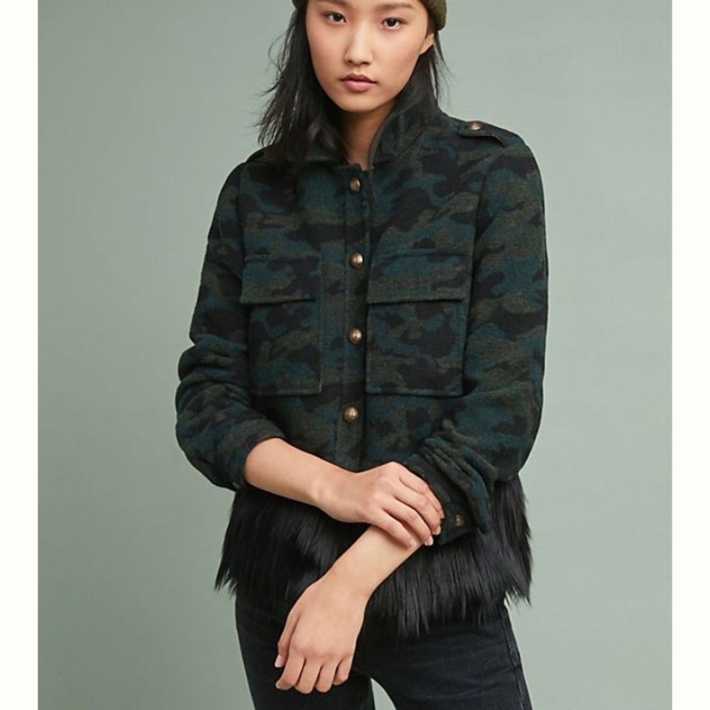 Anthropologie NVLT faux fur trimmed camo jacket